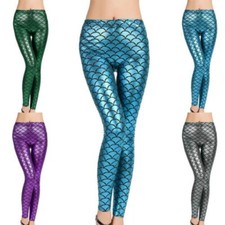 Womens Children Fish Scale Mermaid Leggings Ladies Metallic Shiny Sparkle Pant