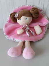 Doudou et Compagnie Pink Girl Baby Comforter Soft Toy Doll Floral Brown Hair 