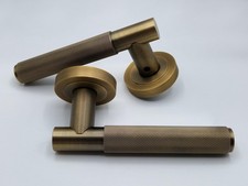 Antique Brass Door Handles Diamond Cut, Machined Knurled Textured, Lever on Rose