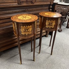 Pair of French Louis XVI Round Bedside Tables with Drawers & Inlay