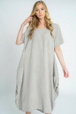 Ladies Lagenlook Italian Quirky Striped Linen Mix 2 Pocket Scoop Neck Long Dress