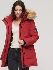 Superdry Womens Everest Faux Fur Hooded Parka Coat Deep Red rrp £145