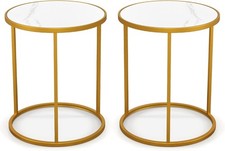 Marble Top Round Side Tables Set of 2 – Gold Metal Frame Modern End Tables