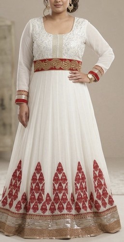 White and red anarkali - red,