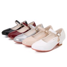 UK Girls Faux Leather Low Block Heel Party PU Shoes Mary Jane Kids Wedding Prom