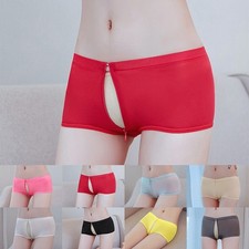 Stylish Women's Zip Open Crotch Thong Brief Panties in Glossy Oil Shiny