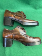 70s Vintage Platform Shoes Size 7 Brown Lace Up Retro Chunky Heel Groovy