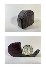 Vintage Roger Lascelles Battery Travel Alarm Clock in Crocodile Leather Case
