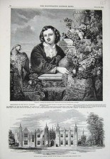 Old Antique Print 1854 Hengrave Hall Suffolk Thomas Gage Man Fruits Art 19th