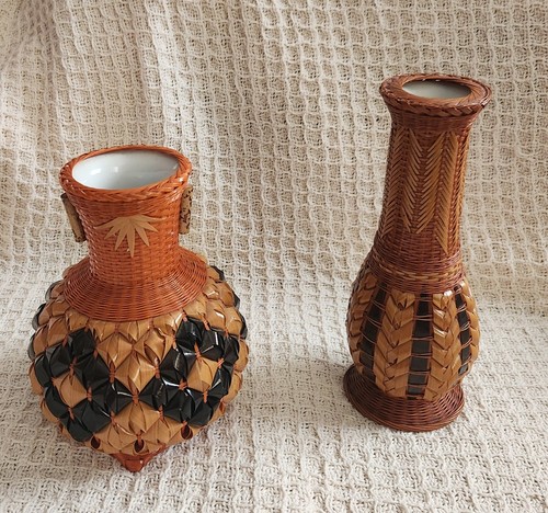 Vintage woven rattan vases - woven,