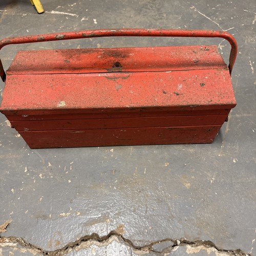 Vintage red metal tool box - red,