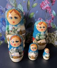 Russian Nesting Doll Matrioska Ckazka Babushka 5pcs Set Blue Hand Painted Winter