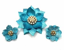 Metallic Blue Flower Brooch And Clip-on Earrings Set Faux Pearls Iridescent Foil