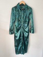 Zara Paisley Print Green Satin Shirt Midi Dress Ruched Size Med BNWOT Blue Black
