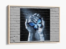 BLUE BUTTERFLY IN HANDS GRAFFITI HOME DECOR FLOAT EFFECT CANVAS WALL ART PRINT