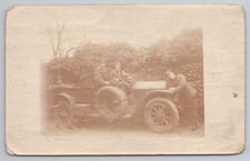 c.1910s Military Men & Veteran Car, Uniforms, Sepia Phototype Postcard (Faded)