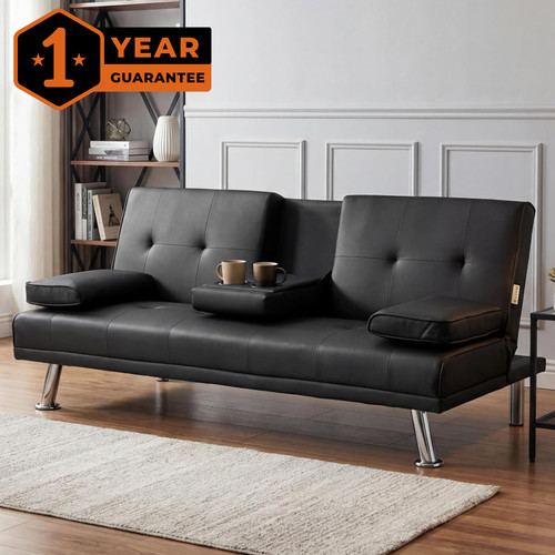 Black faux leather sofa - black, bed