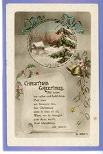 OLD VINTAGE 1925 RP CHRISTMAS POSTCARD WINTER SNOW SCENE TREES BELLS MISTLETOE
