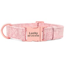 Blue Grey Pink Tweed Dog Collar w/ Rose Gold Buckle Personalised Pet ID Name S-L