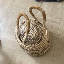 Hand Woven Straw Basket With Handle & Lid. Sewing Storage Farmhouse Kitchen