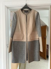 Laura Ashley Beige And Grey Leather Wool Mid Length Coat