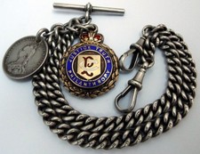 STUNNING CLEAN HEAVY 75g ANTIQUE 1914 SOLID STERLING SILVER DOUBLE ALBERT CHAIN