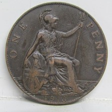 1913 One Penny Coin British George V - Very Good Grade #50