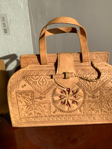 Tan tooled leather satchel - leather,