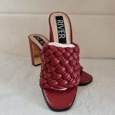 RIVER ISLAND LADIES HEELED LEATHER MULES SHOES SIZE UK 7 Dark Red Twista Sandals