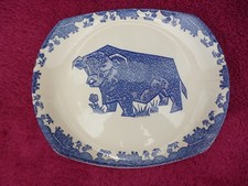 Vintage 1970s Beefeater Steakhouse Oval Steak Plate Blue With Bull in Centre.