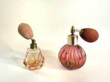 2 X Stunning Vintage Art Deco Glass Perfume Bottles / Atomiser Rose Or Cranberry