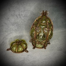 Caged Glass Lantern - Hand Blown - Yellow Glass & Copper Frame - Damaged - 9 In