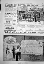 Old Print Ellimans Royal Embrocation Elliss Soda Water Bottle Ocean 1891 19th