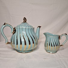 VINTAGE SADLER TEAPOT AND CREAMER TURQUOISE AND GOLD SWIRL COLLECTABLE