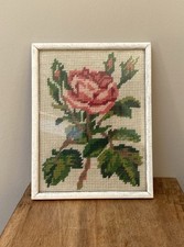 Framed Needlepoint Roses CottageCore Country House  Vintage Small Wall Art