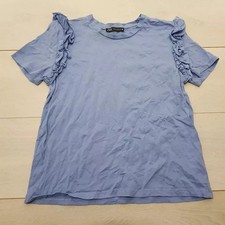 ZARA Casual Cotton Top Blouse Size 10-12 Blue Stretch Short Sleeve Summer
