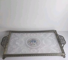 vintage petit point dresser Vanity Tray Brass Filigree Floral Embroidered Lace