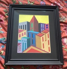 Cubist Abstract City Skyline Oil Painting - Signed