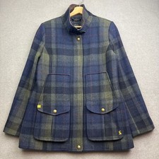 JOULES Field Coat Women UK 14 Blue Jacket Tweed Wool Country Plaid Tartan Check