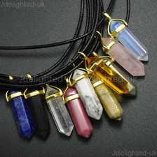 Natural Gemstone Hexagonal Point Reiki Chakra Pendant Real Leather Necklace Gold