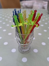 VINTAGE COCKTAIL STICKS x 35 ASSORTED COLOURS with SMALL GLASS
