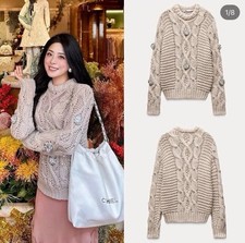 ZARA NEW WOMAN JEWELLED BEADED RHINESTONE KNIT SWEATER STONE Size  L  3920/188