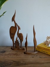 VTG Hand Carved Wooden Crane Heron Art Figures Mother & Baby Large Pair Retro