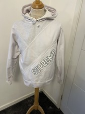 Supreme White Grey Diagonal Logo Hoodie Medium M Hooded Cotton Pullover