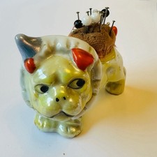 Old Vintage 1950’s Porcelain Lustreware Bulldog Dog Pin Cushion 