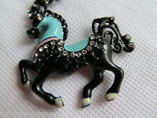 LADIES BLING DIAMONTE CAROUSEL FAIRGROUND ANIMATED BLACK HORSE NECKLACE UKSELLER