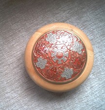 Wooden Hard Carved Bowl,Sycamore. With Enamelled Cover On Brass.