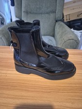 Marks & Spencer Black Patent Faux Leather Pull On Brogue Style Boots - UK Size 4