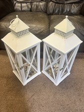 A Pair Of Large Shabby Chic Lanterns In White With Carry Handles