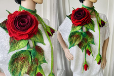 Hand Felted -ART Scarf /neclace wool merino  - roses-